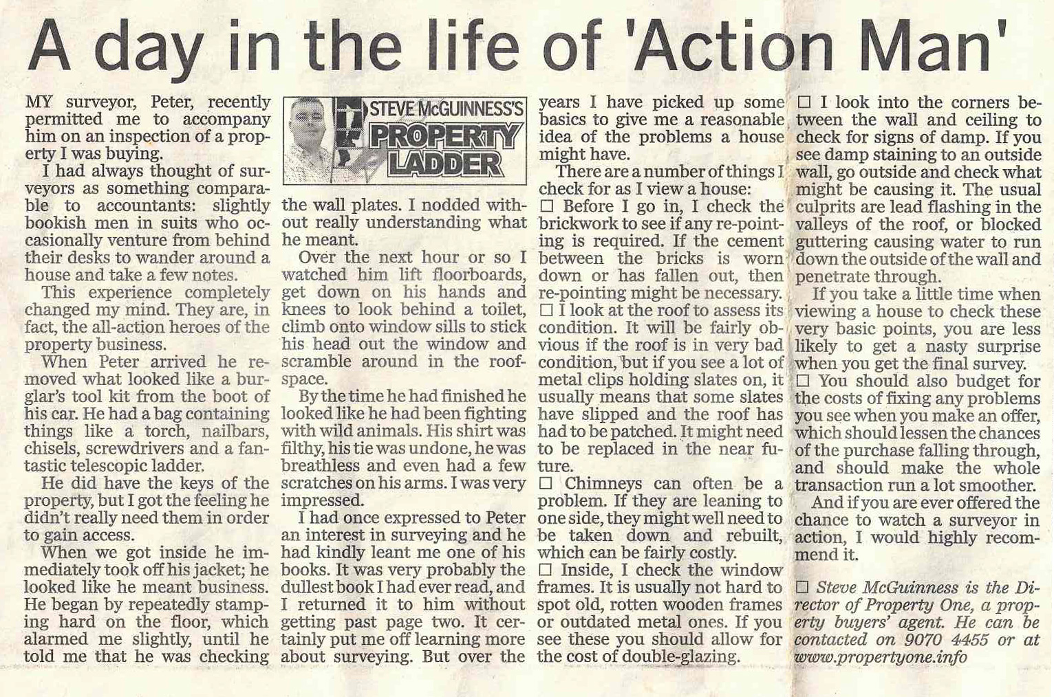 Newspaper feature headlined "A day in the life of Action Man" describing a property survey carried out by surveyor Peter McGibbon